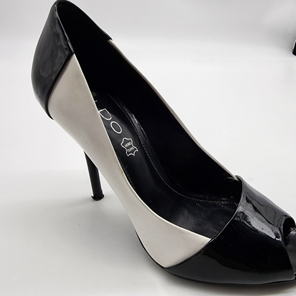 Aus6/ 37 Aldo Black and White Patent Leather Open Toe Heels Shoes - Picture 8 of 16